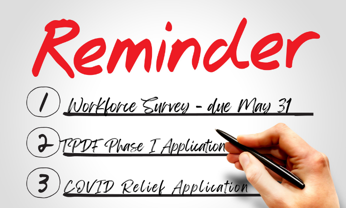 3 Upcoming Deadlines: Workforce Survey, COVID Relief, TPDF Applications